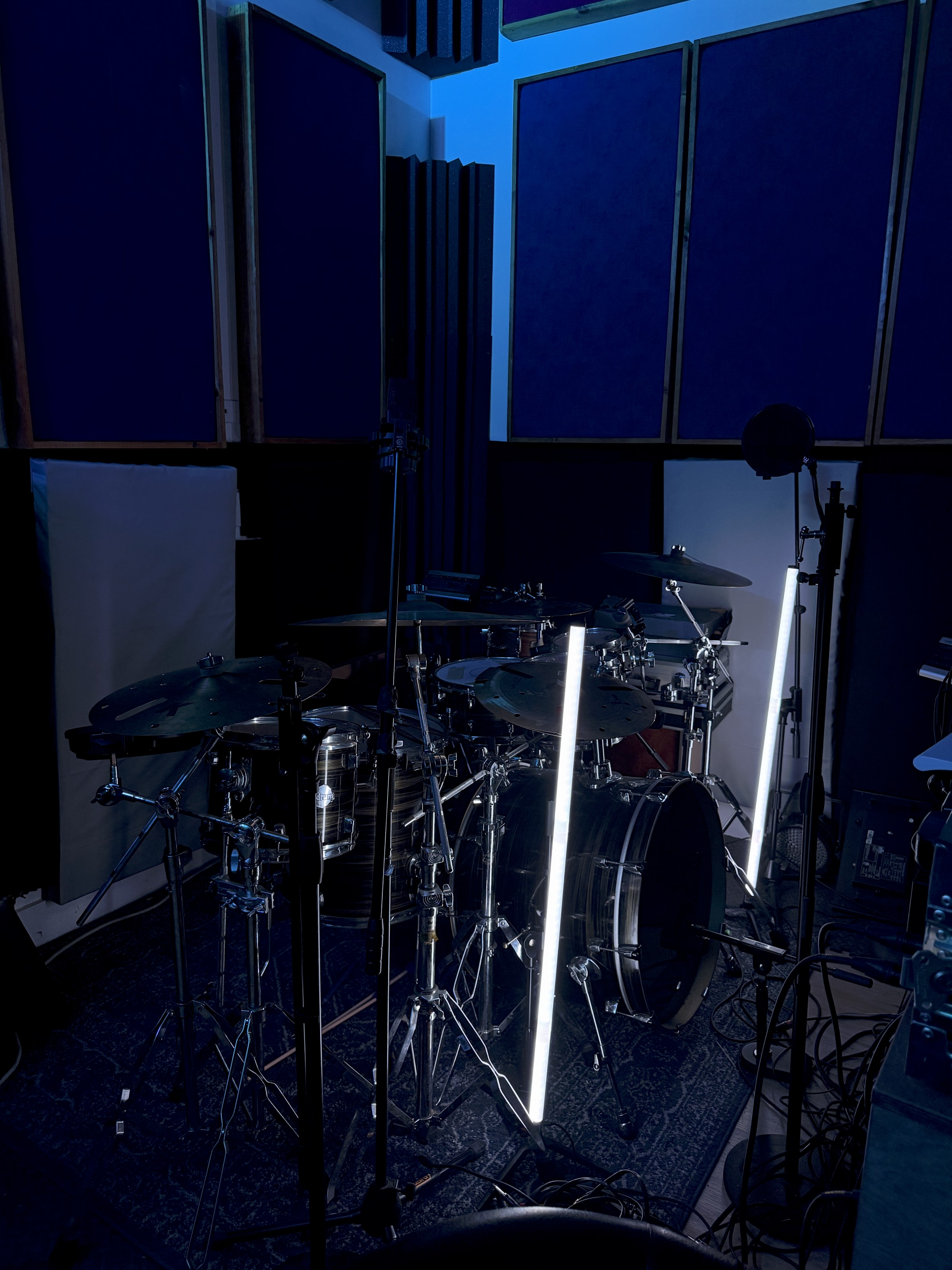 Drum kit set up for tracking with light tubes